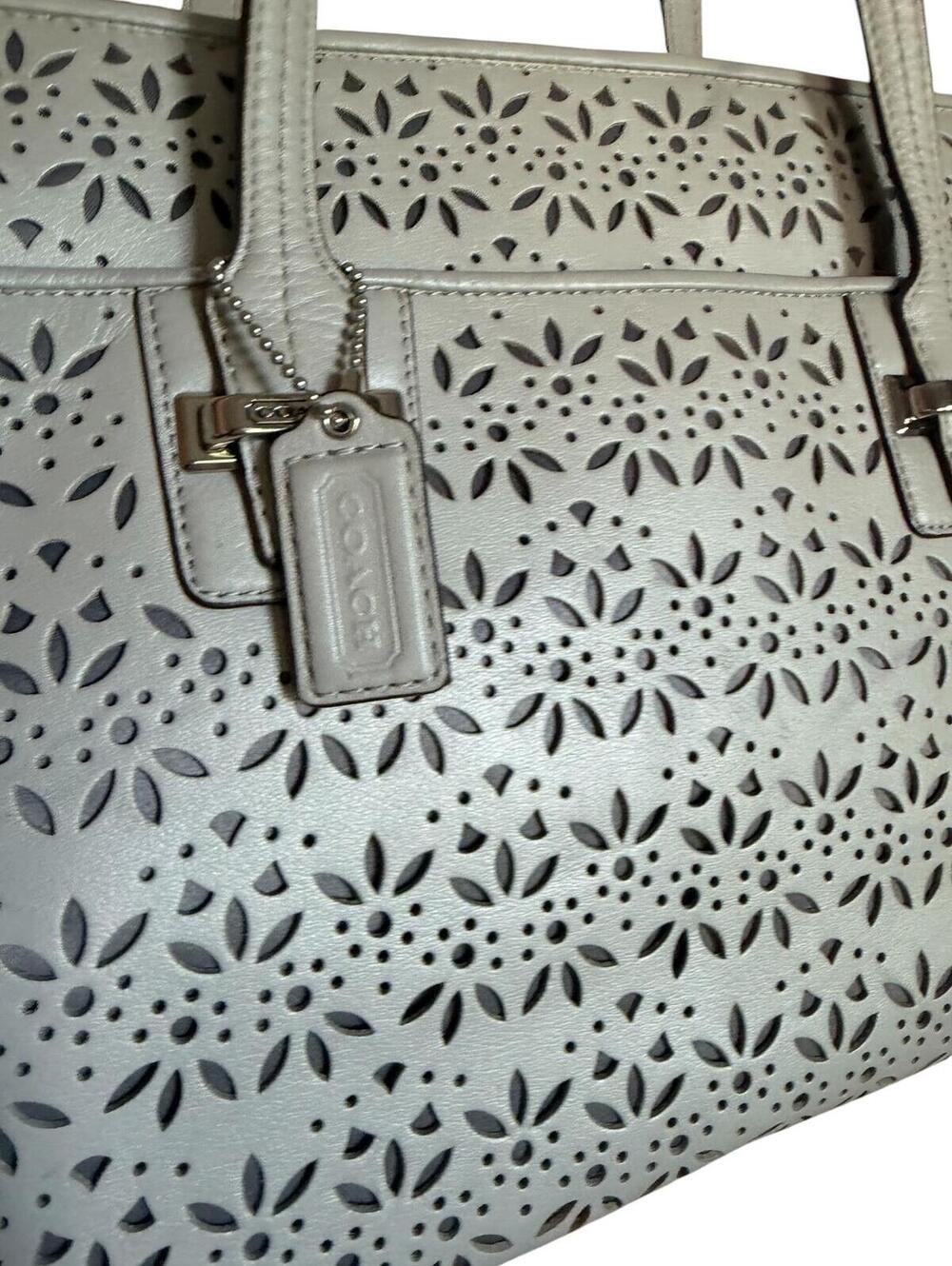 Coach Taylor Eyelet Carryall Tote Bag Light Gray Leather Floral Perforated - Picture 2 of 14